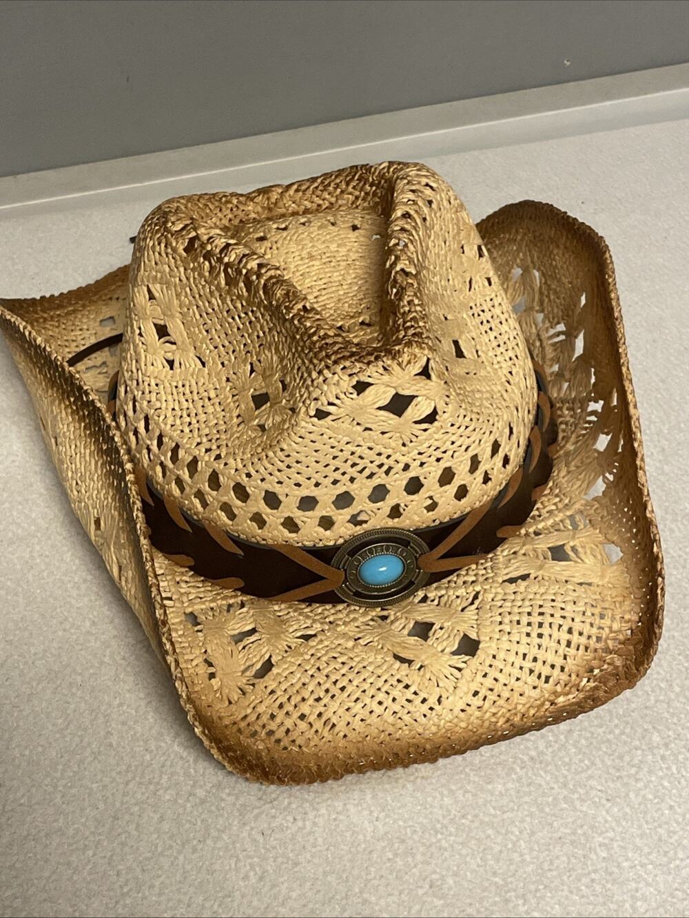 Straw Western Cowboy Hat Faux Leather Band Turquoise Accent Casual 7”x7.5”